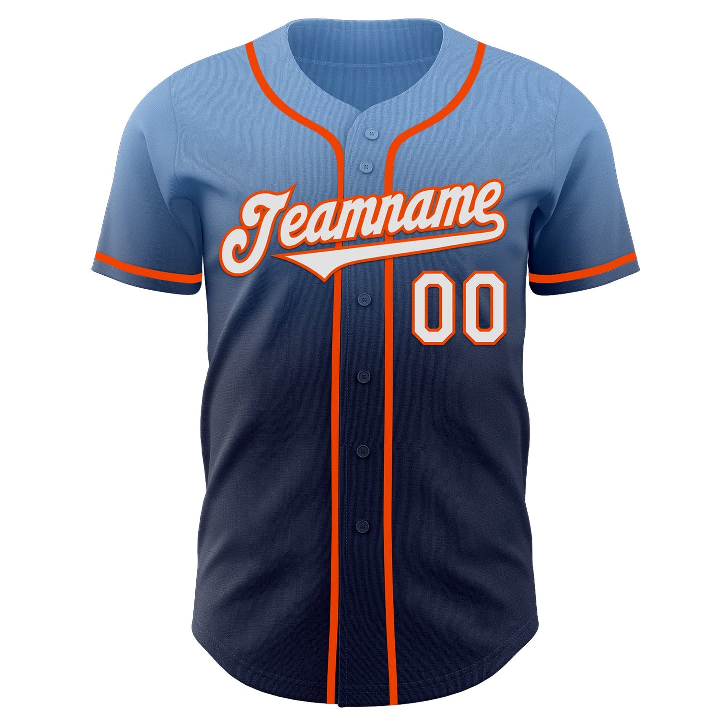 Custom Light Blue Navy-Orange Authentic Fade Fashion Baseball Jersey view 2