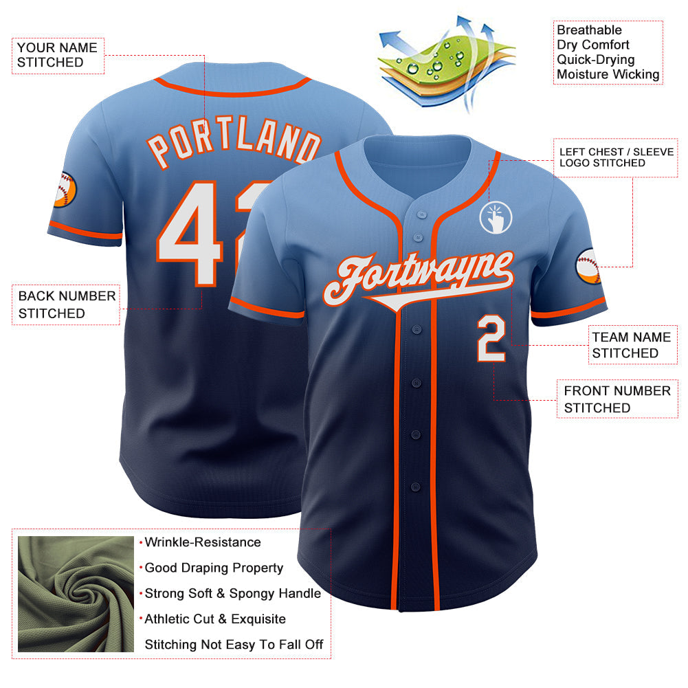 Custom Light Blue Navy-Orange Authentic Fade Fashion Baseball Jersey view 3