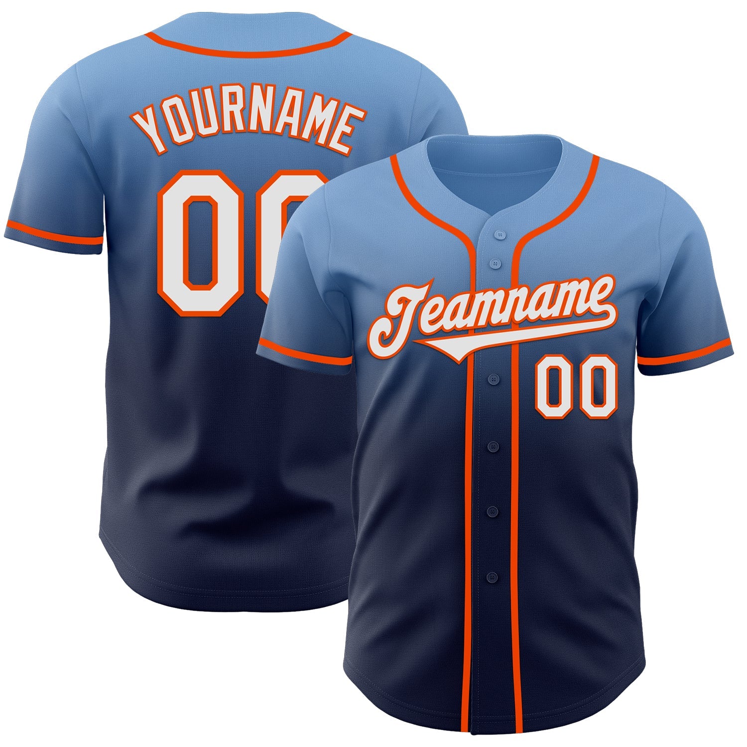 Custom Light Blue Navy-Orange Authentic Fade Fashion Baseball Jersey - Main View