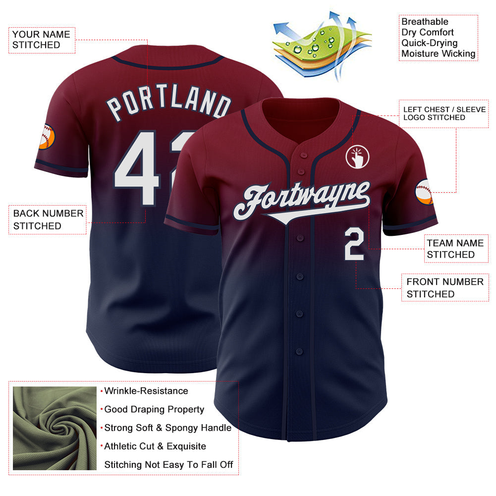 Custom Crimson White-Navy Authentic Fade Fashion Baseball Jersey view 3