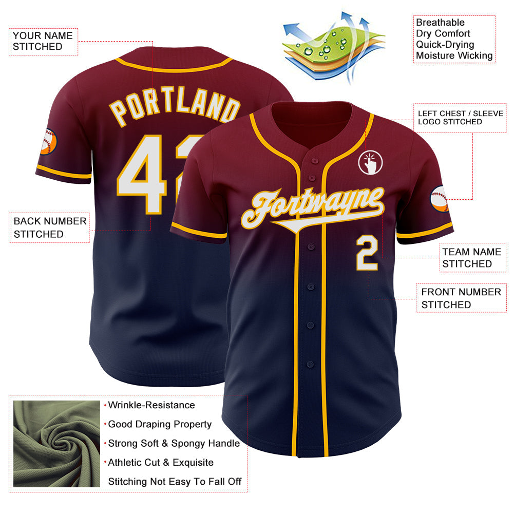 Custom Crimson Navy-Gold Authentic Fade Fashion Baseball Jersey view 3