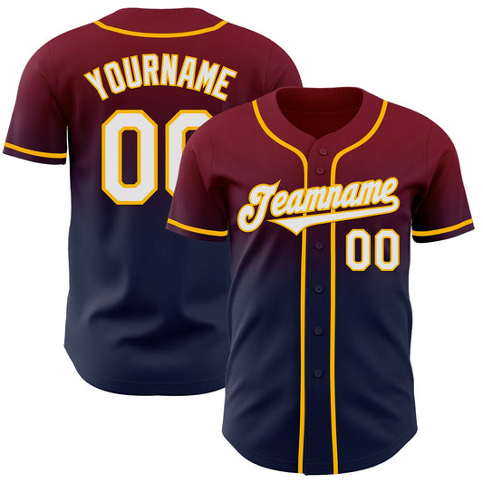 Custom Crimson Navy-Gold Authentic Fade Fashion Baseball Jersey - Main View