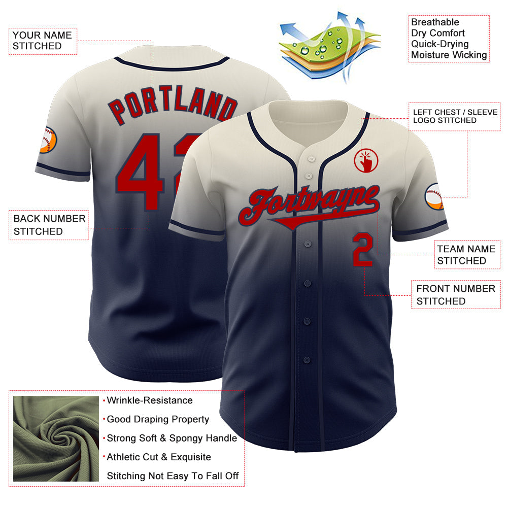 Custom Cream Red-Navy Authentic Fade Fashion Baseball Jersey view 3