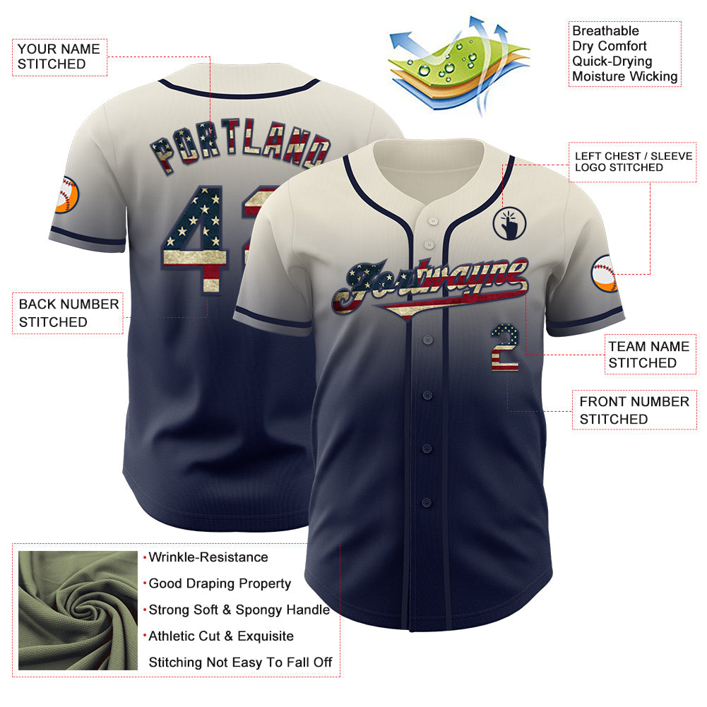 Custom Cream Vintage USA Flag-Navy Authentic Fade Fashion Baseball Jersey view 3