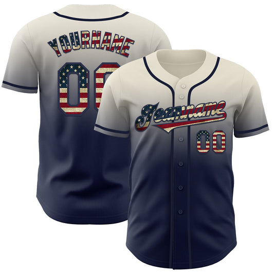 Custom Cream Vintage USA Flag-Navy Authentic Fade Fashion Baseball Jersey - Main View