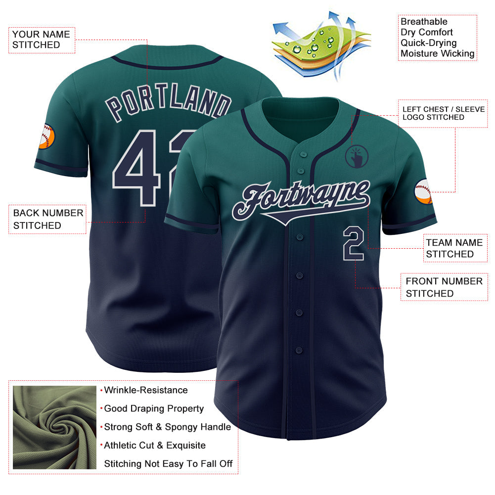 Custom Teal Navy-White Authentic Fade Fashion Baseball Jersey view 3