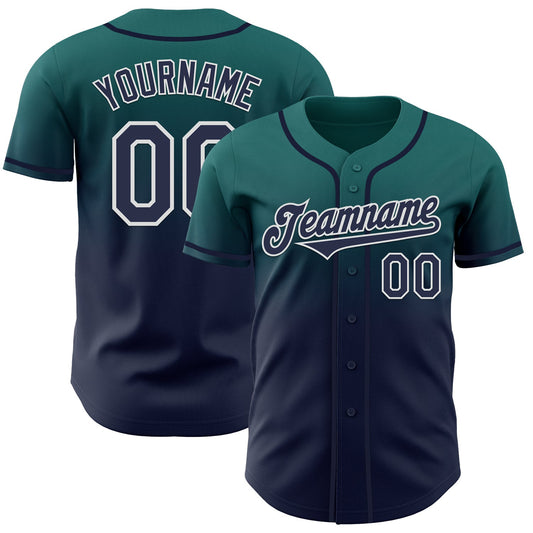 Custom Teal Navy-White Authentic Fade Fashion Baseball Jersey - Main View