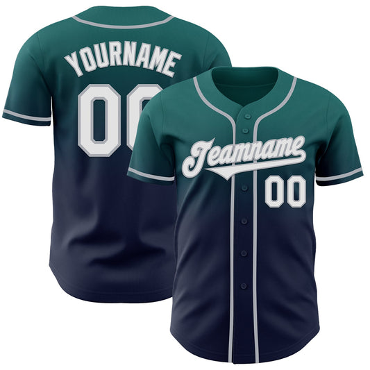 Custom Teal Navy-Gray Authentic Fade Fashion Baseball Jersey - Main View