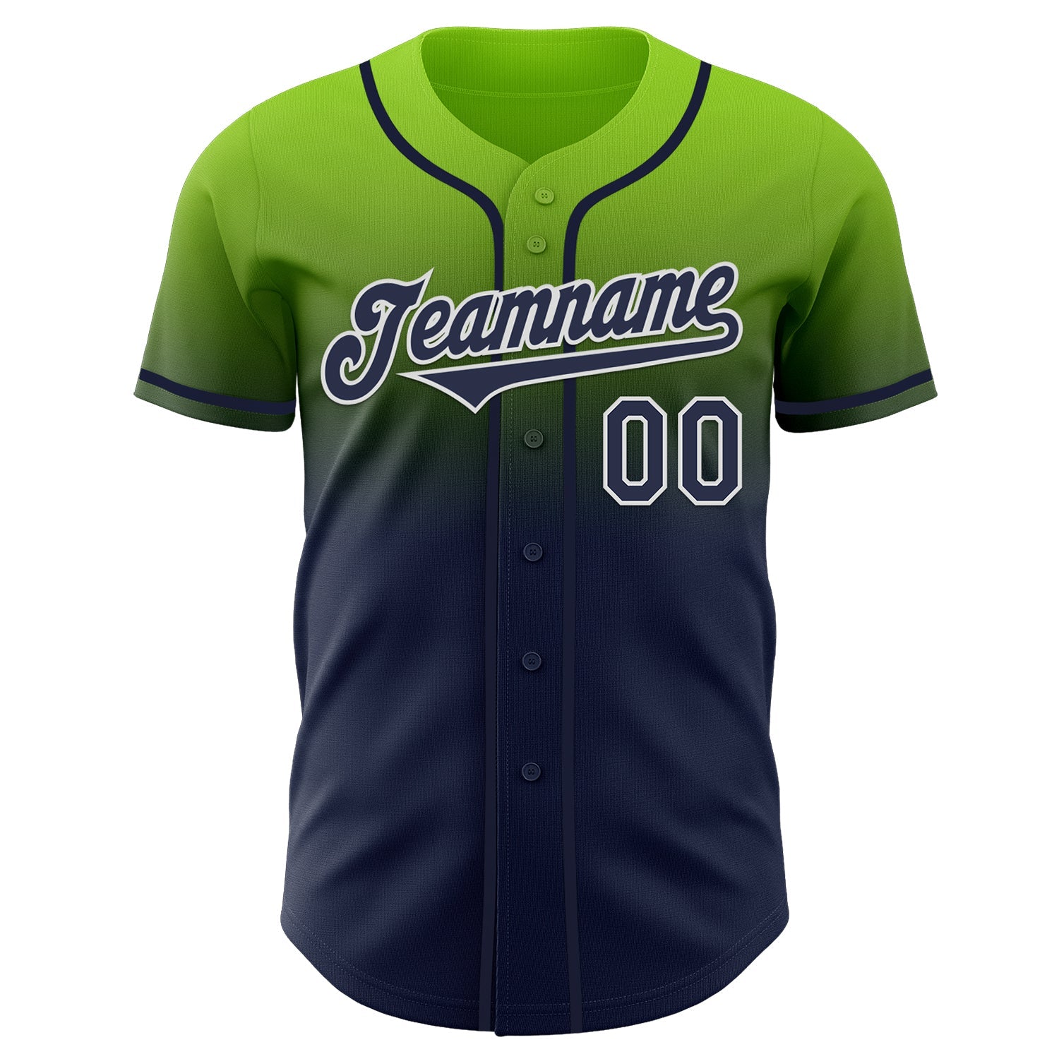 Custom Neon Green Navy-White Authentic Fade Fashion Baseball Jersey view 2