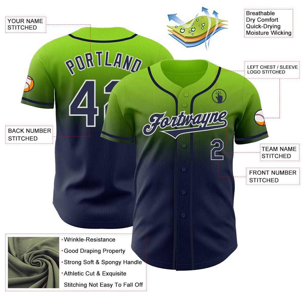 Custom Neon Green Navy-White Authentic Fade Fashion Baseball Jersey view 3