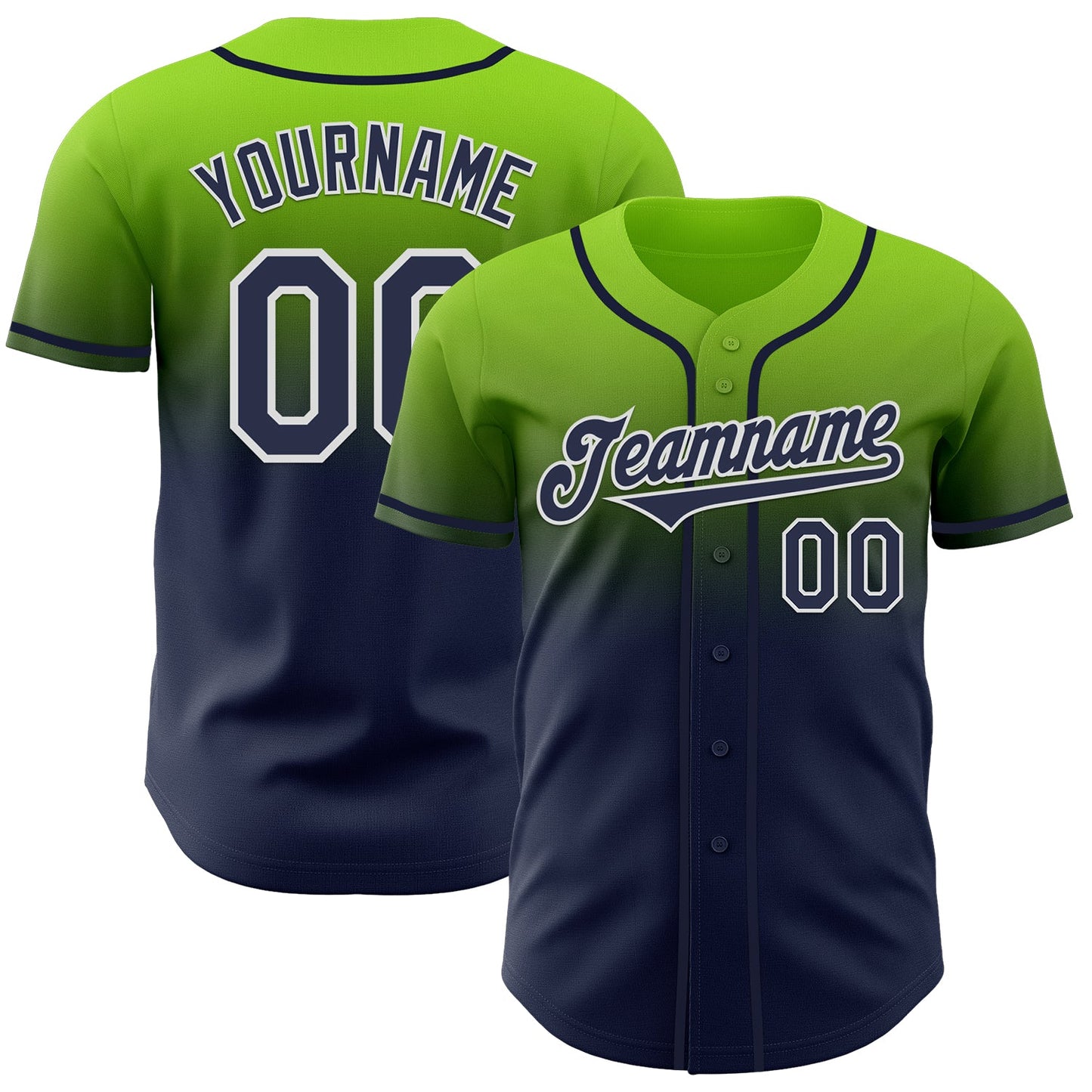 Custom Neon Green Navy-White Authentic Fade Fashion Baseball Jersey - Main View