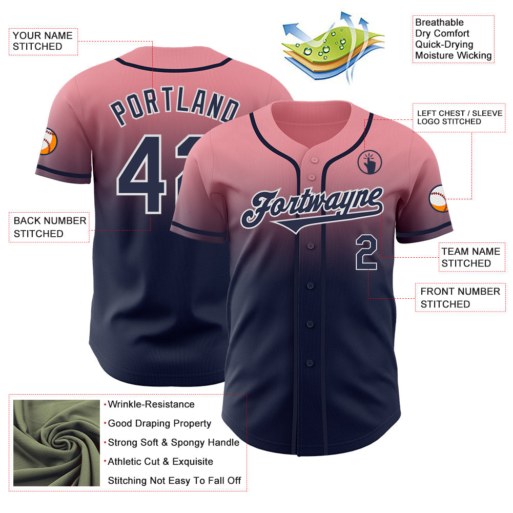 Custom Medium Pink Navy-White Authentic Fade Fashion Baseball Jersey view 3