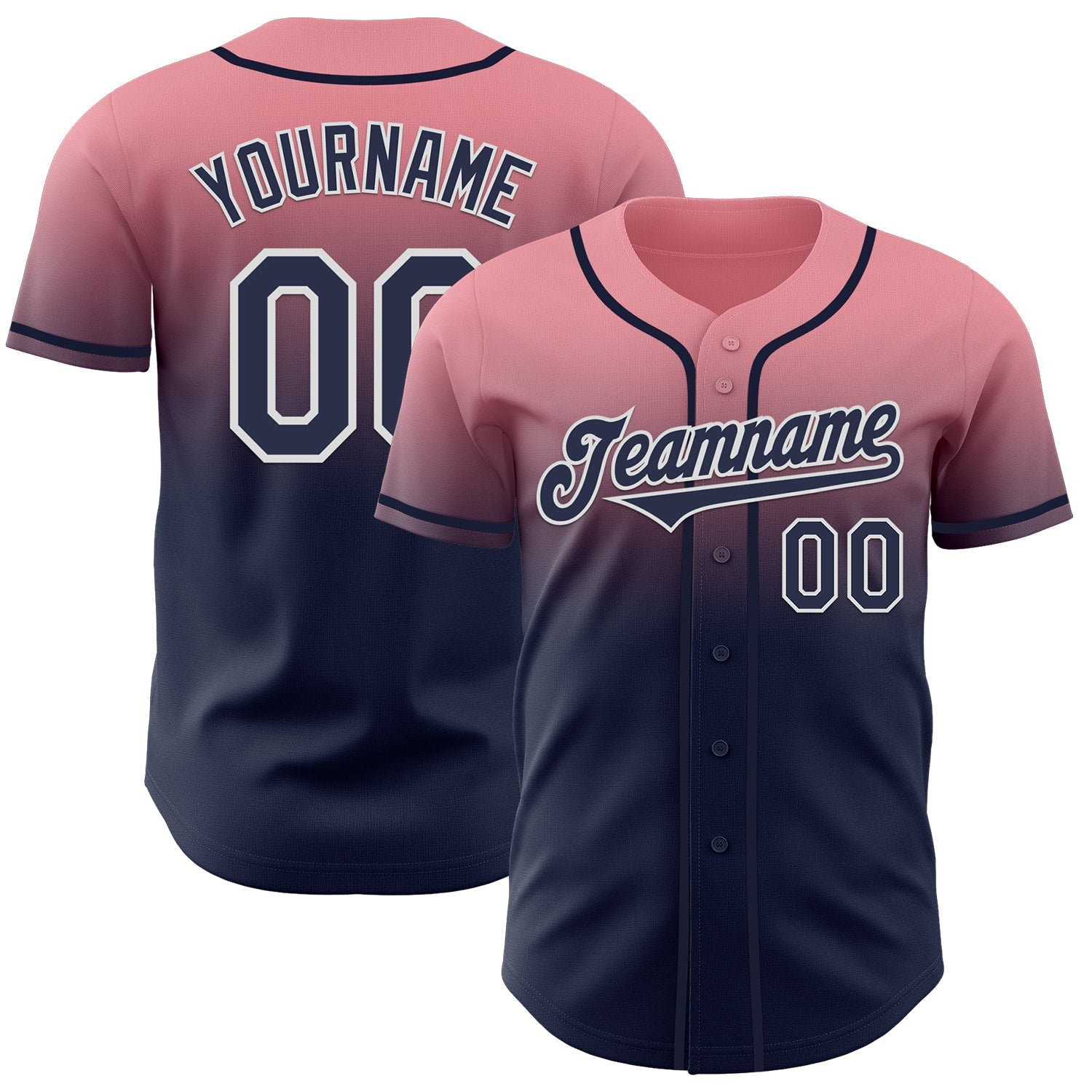 Custom Medium Pink Navy-White Authentic Fade Fashion Baseball Jersey - Main View