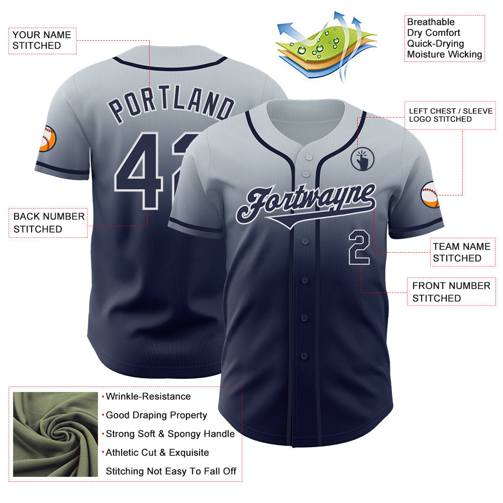 Custom Silver Navy-White Authentic Fade Fashion Baseball Jersey view 3