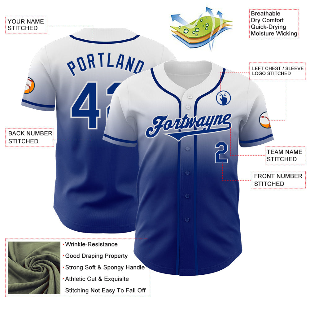 Custom White Royal Authentic Fade Fashion Baseball Jersey view 3