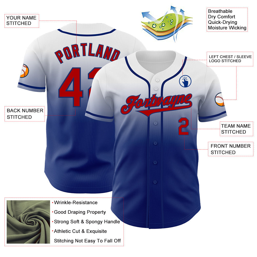 Custom White Red-Royal Authentic Fade Fashion Baseball Jersey view 3