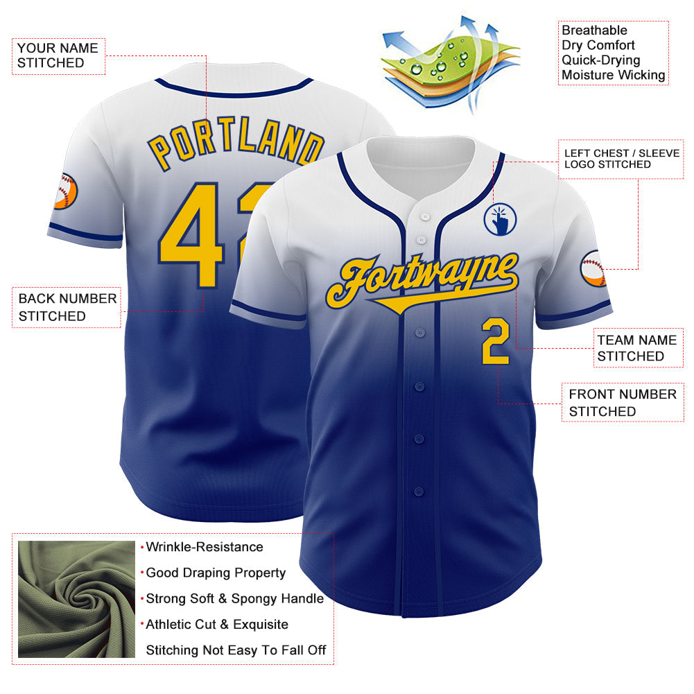 Custom White Yellow-Royal Authentic Fade Fashion Baseball Jersey view 3