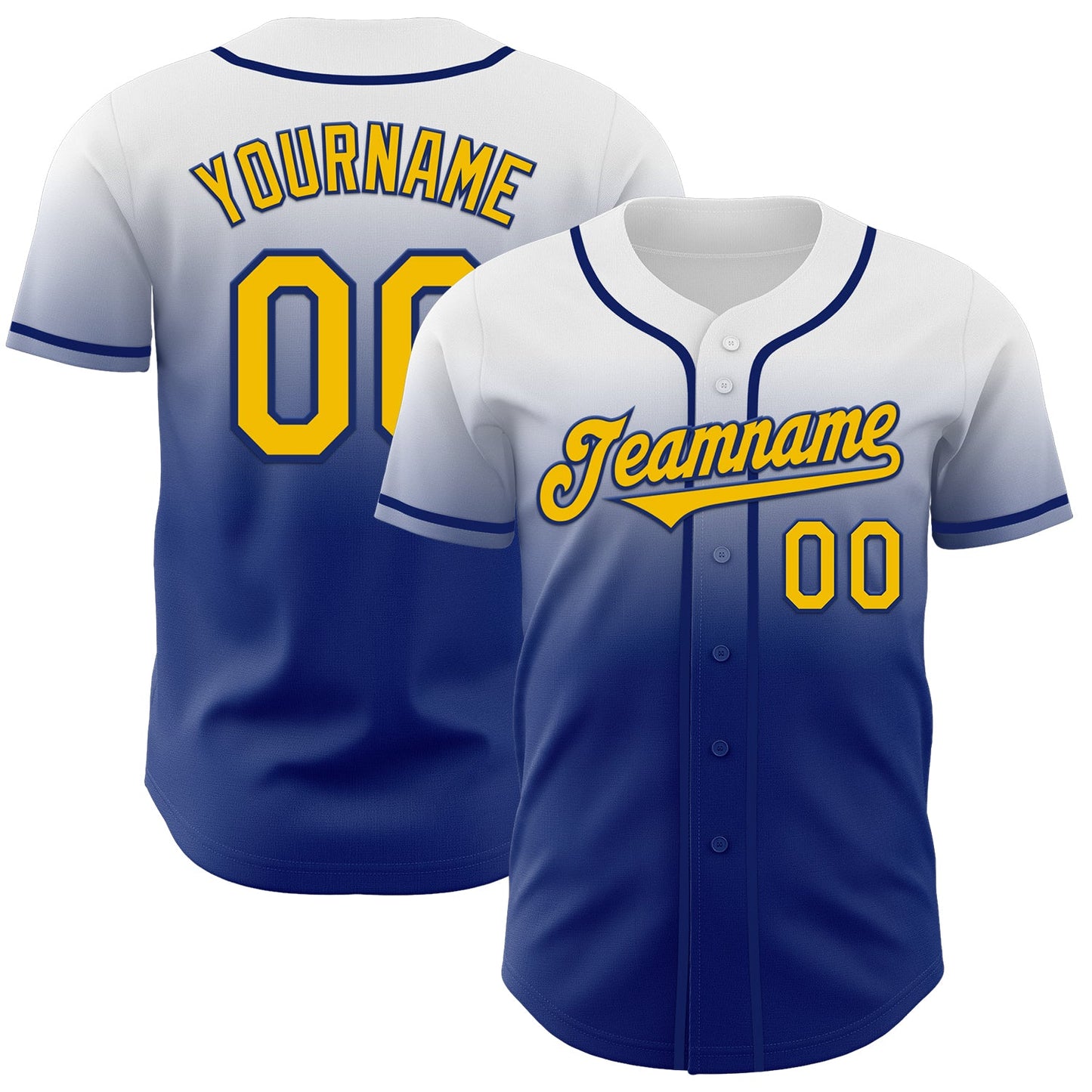 Custom White Yellow-Royal Authentic Fade Fashion Baseball Jersey - Main View