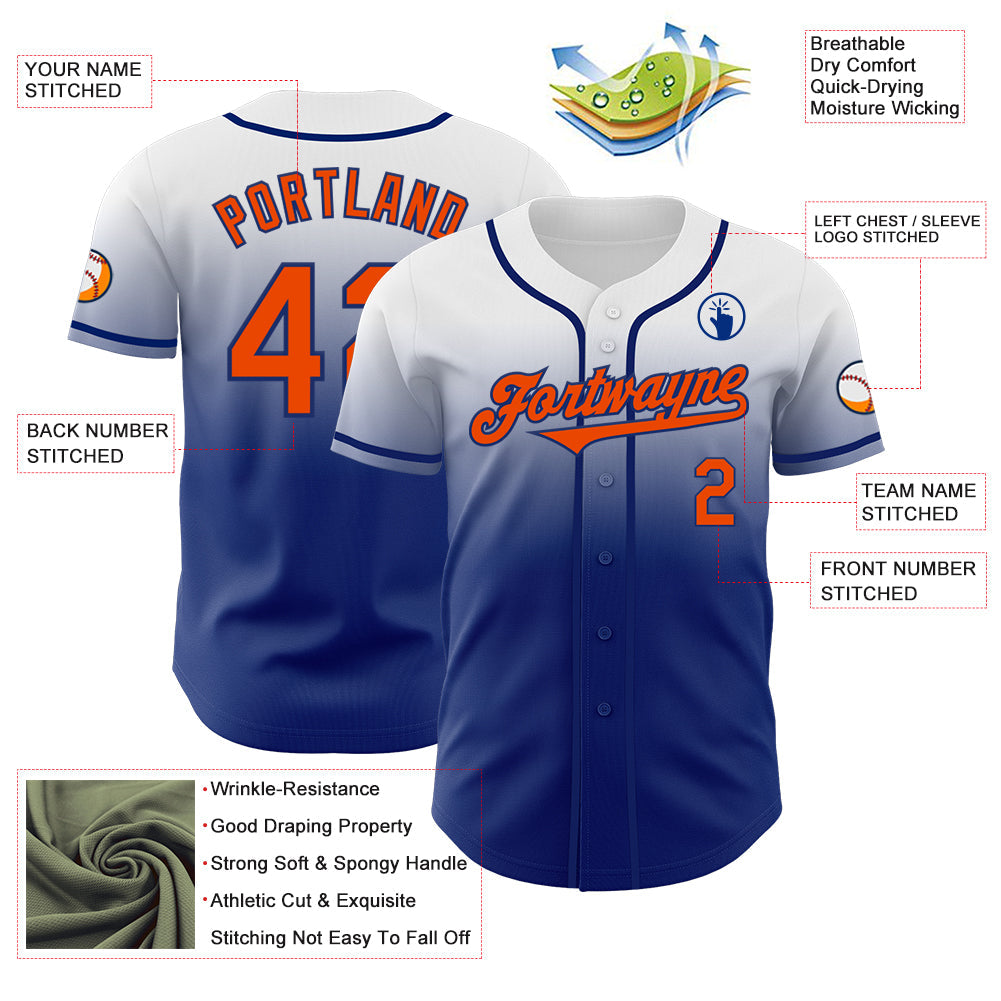 Custom White Orange-Royal Authentic Fade Fashion Baseball Jersey view 3