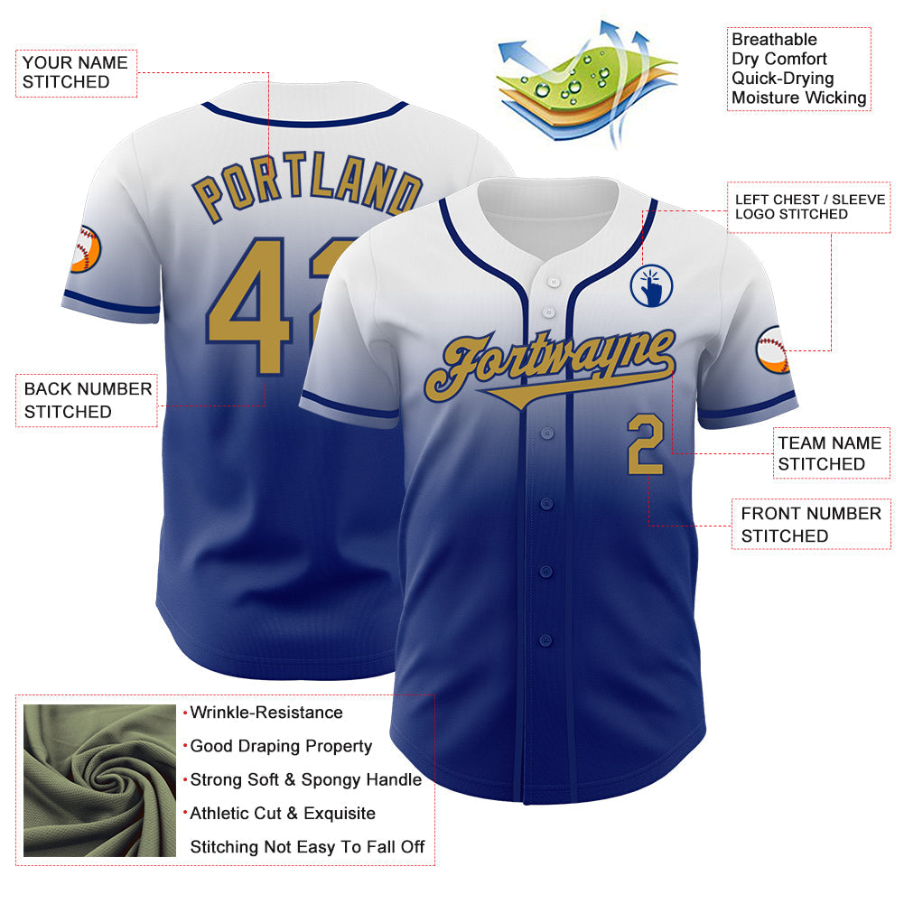 Custom White Old Gold-Royal Authentic Fade Fashion Baseball Jersey view 3