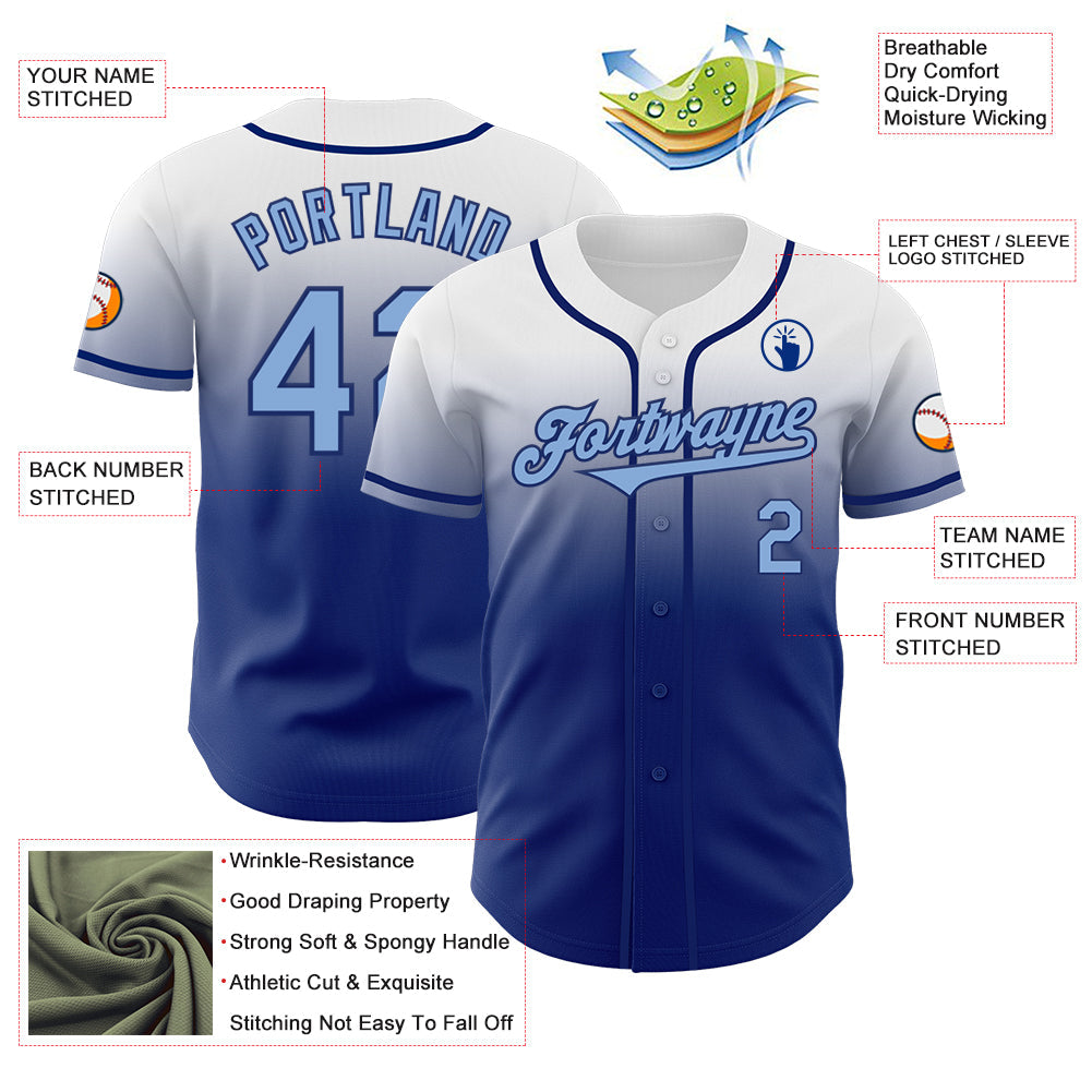 Custom White Light Blue-Royal Authentic Fade Fashion Baseball Jersey view 3
