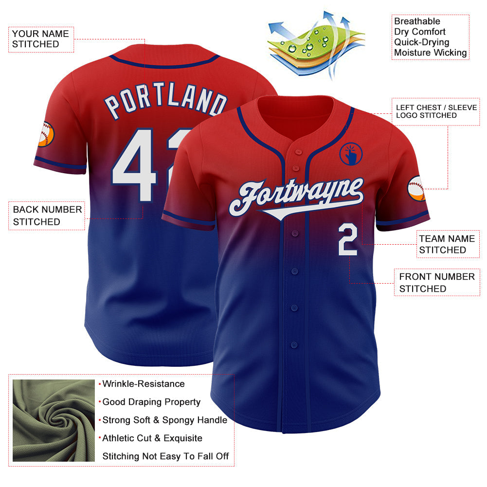 Custom Red White-Royal Authentic Fade Fashion Baseball Jersey view 3