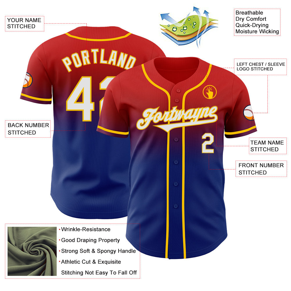 Custom Red White Royal-Yellow Authentic Fade Fashion Baseball Jersey view 3