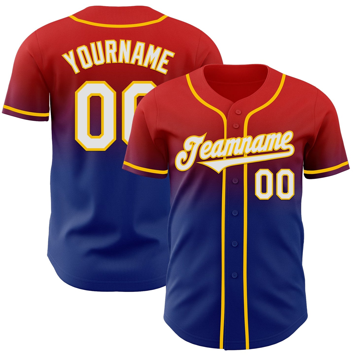 Custom Red White Royal-Yellow Authentic Fade Fashion Baseball Jersey - Main View