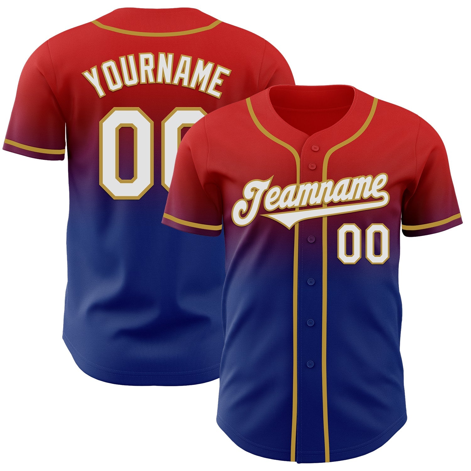 Custom Red White Royal-Old Gold Authentic Fade Fashion Baseball Jersey - Main View