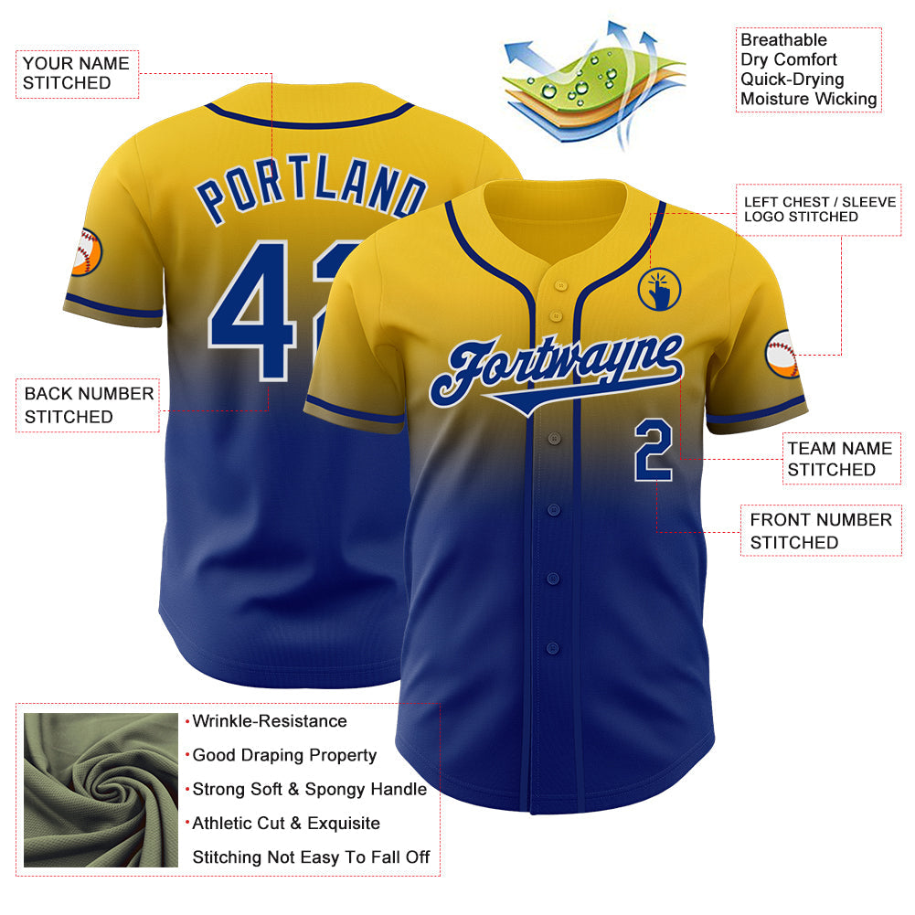Custom Yellow Royal-White Authentic Fade Fashion Baseball Jersey view 3