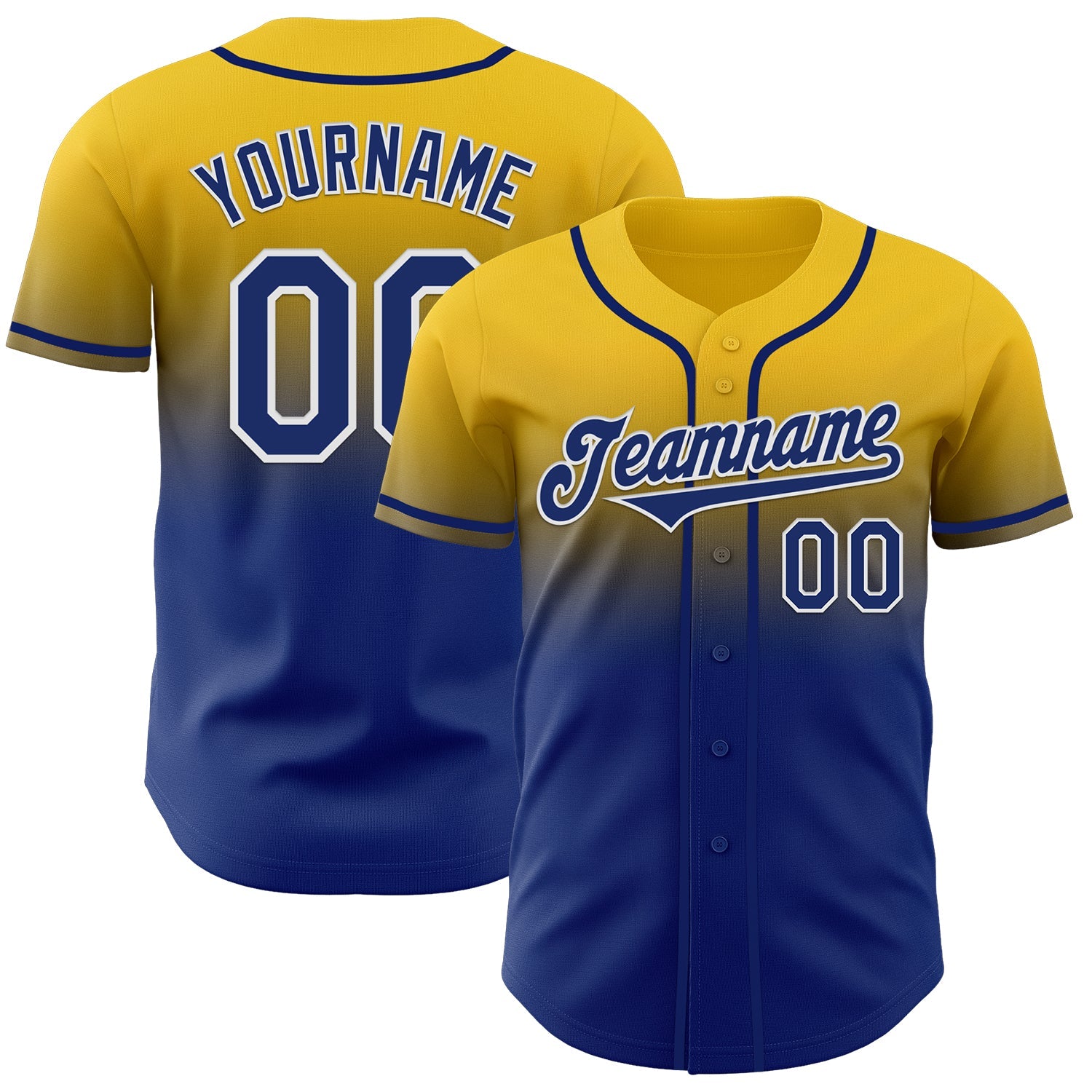 Custom Yellow Royal-White Authentic Fade Fashion Baseball Jersey - Main View
