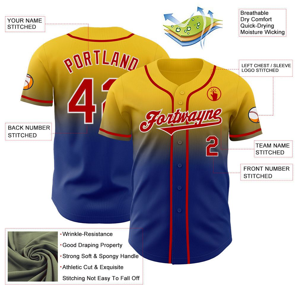 Custom Yellow Red Royal-White Authentic Fade Fashion Baseball Jersey view 3