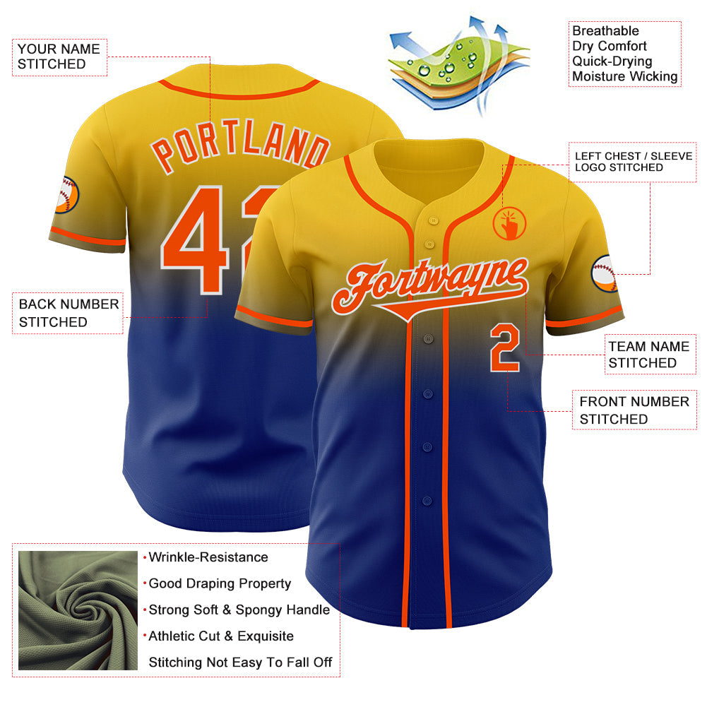 Custom Yellow Orange Royal-White Authentic Fade Fashion Baseball Jersey view 3