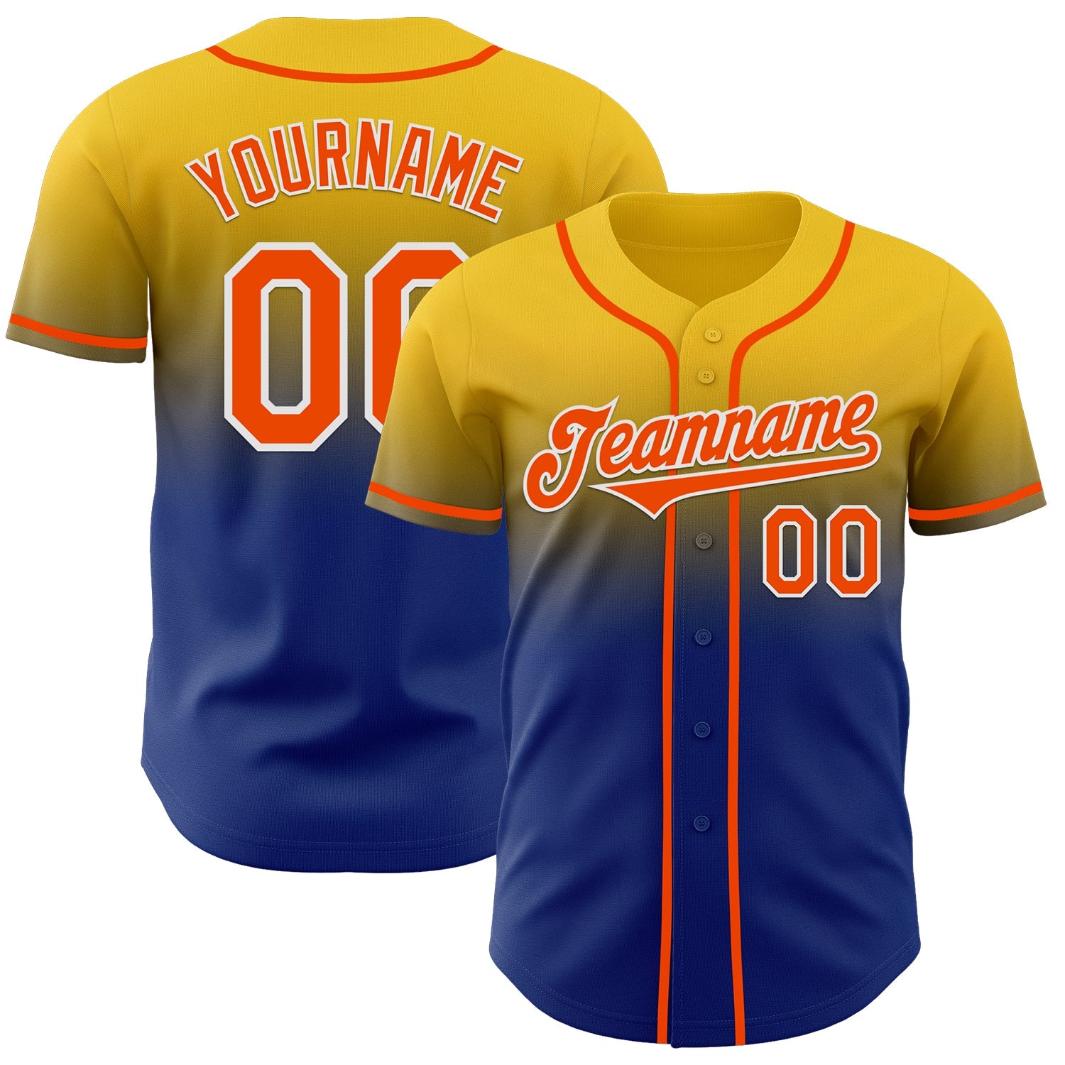 Custom Yellow Orange Royal-White Authentic Fade Fashion Baseball Jersey - Main View