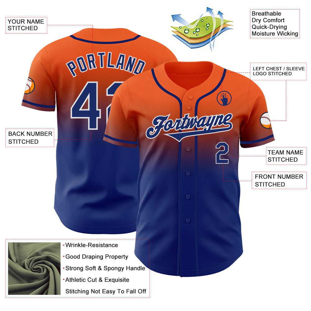 Custom Orange Royal-White Authentic Fade Fashion Baseball Jersey view 3
