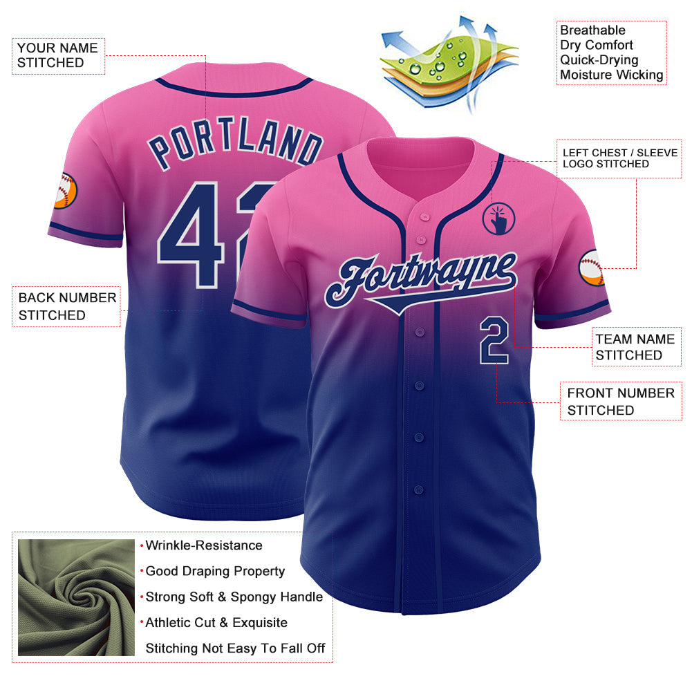 Custom Pink Royal-White Authentic Fade Fashion Baseball Jersey view 3