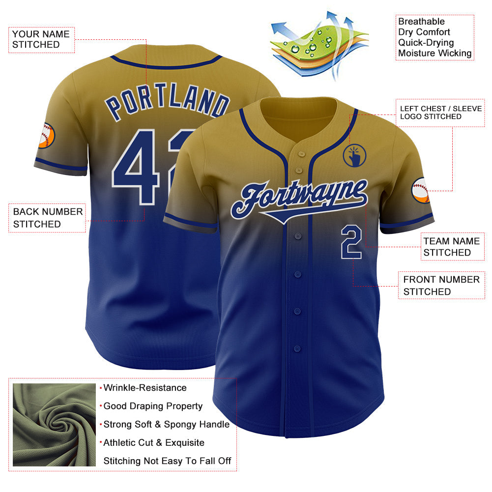 Custom Old Gold Royal-White Authentic Fade Fashion Baseball Jersey view 3