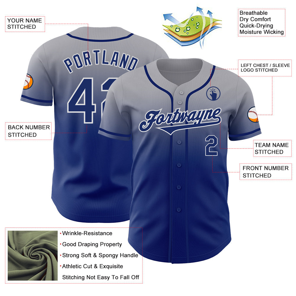 Custom Gray Royal-White Authentic Fade Fashion Baseball Jersey view 3