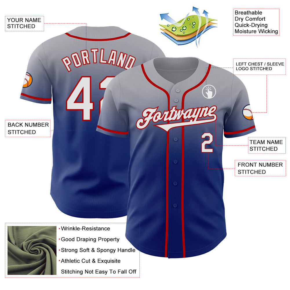 Custom Gray White Royal-Red Authentic Fade Fashion Baseball Jersey view 3