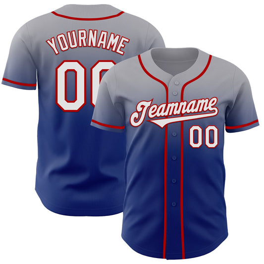 Custom Gray White Royal-Red Authentic Fade Fashion Baseball Jersey - Main View