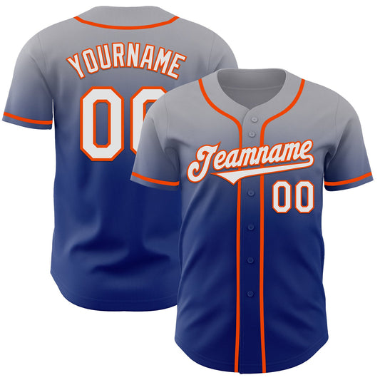 Custom Gray White Royal-Orange Authentic Fade Fashion Baseball Jersey - Main View