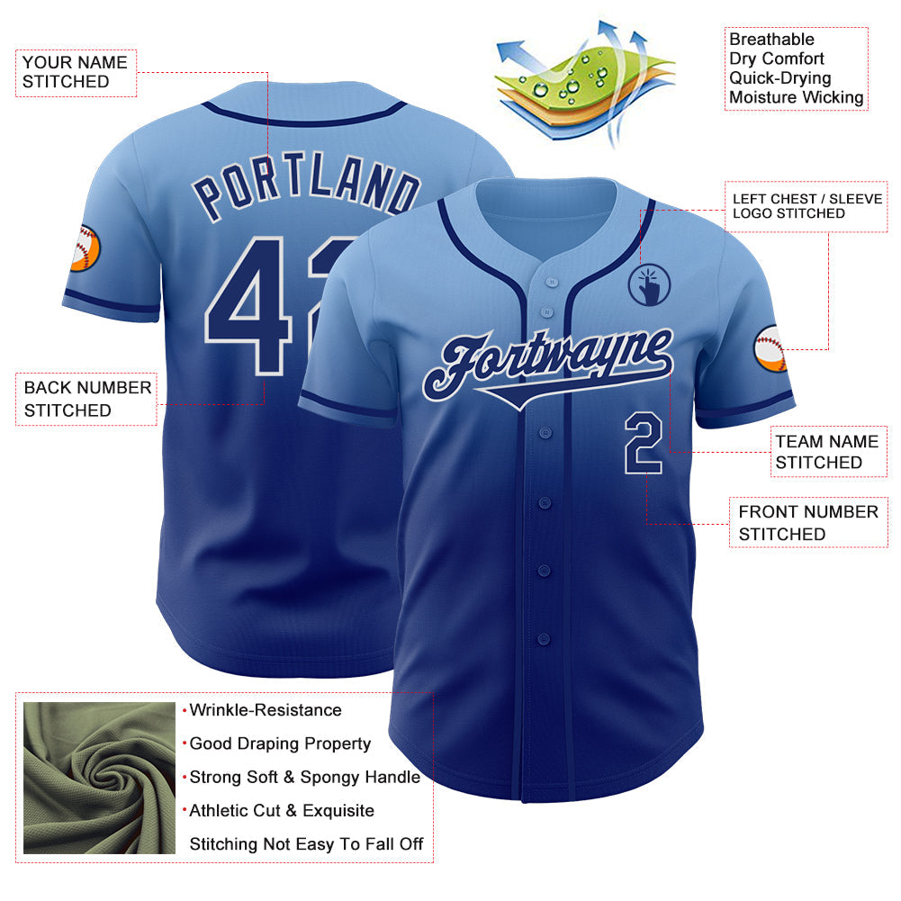 Custom Light Blue Royal-White Authentic Fade Fashion Baseball Jersey view 3