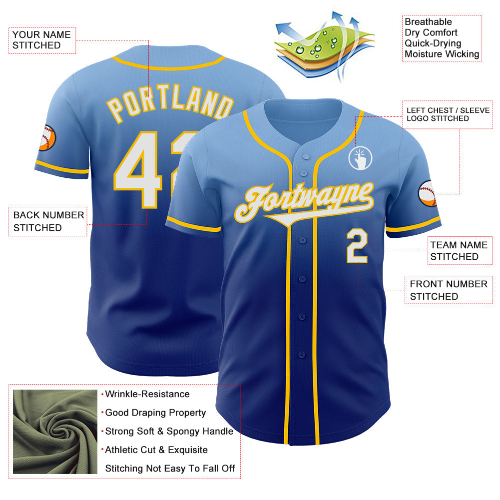 Custom Light Blue White Royal-Yellow Authentic Fade Fashion Baseball Jersey view 3