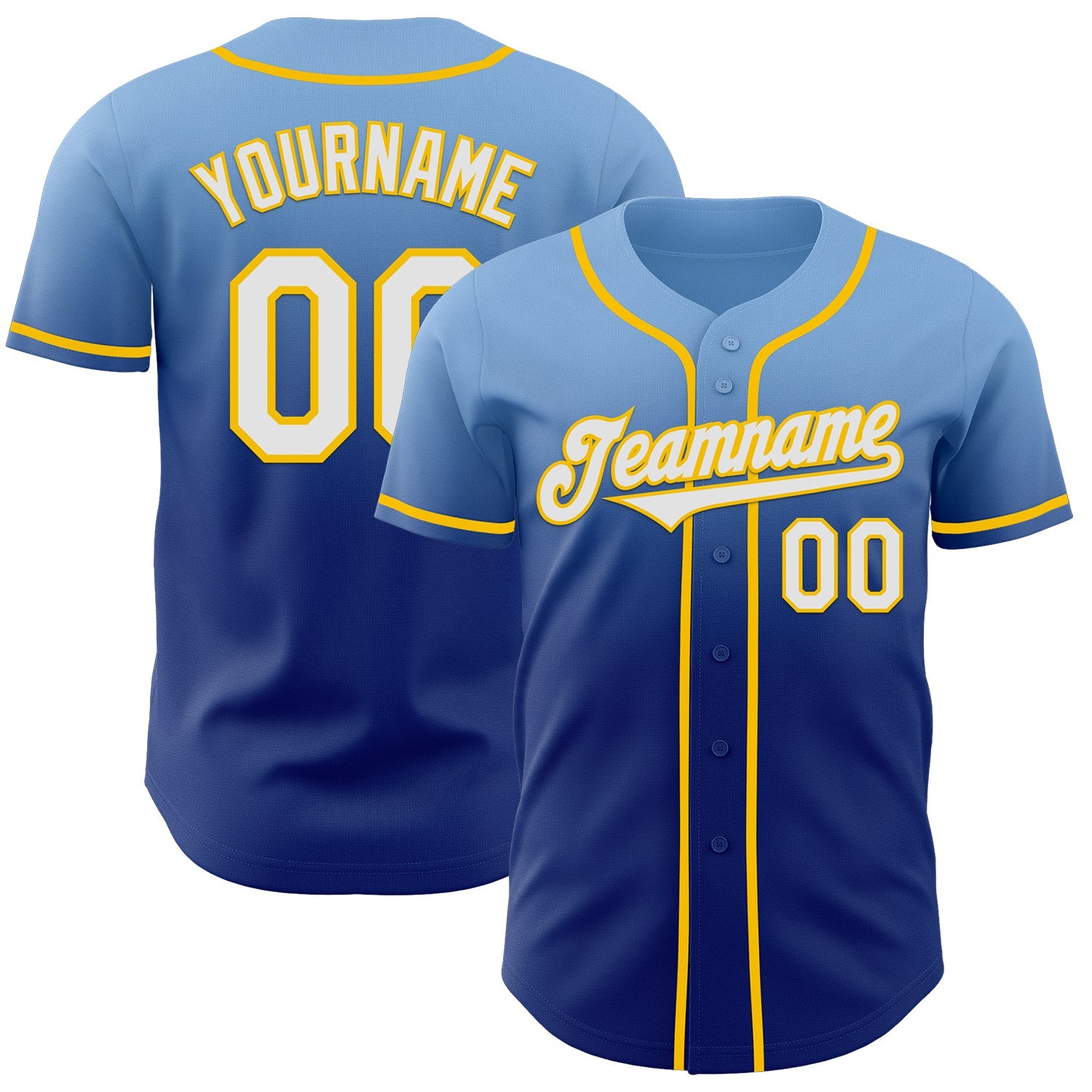 Custom Light Blue White Royal-Yellow Authentic Fade Fashion Baseball Jersey - Main View