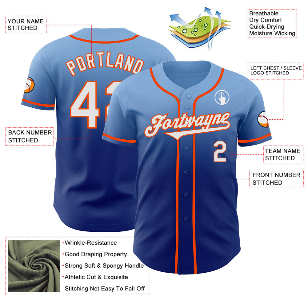 Custom Light Blue White Royal-Orange Authentic Fade Fashion Baseball Jersey view 3