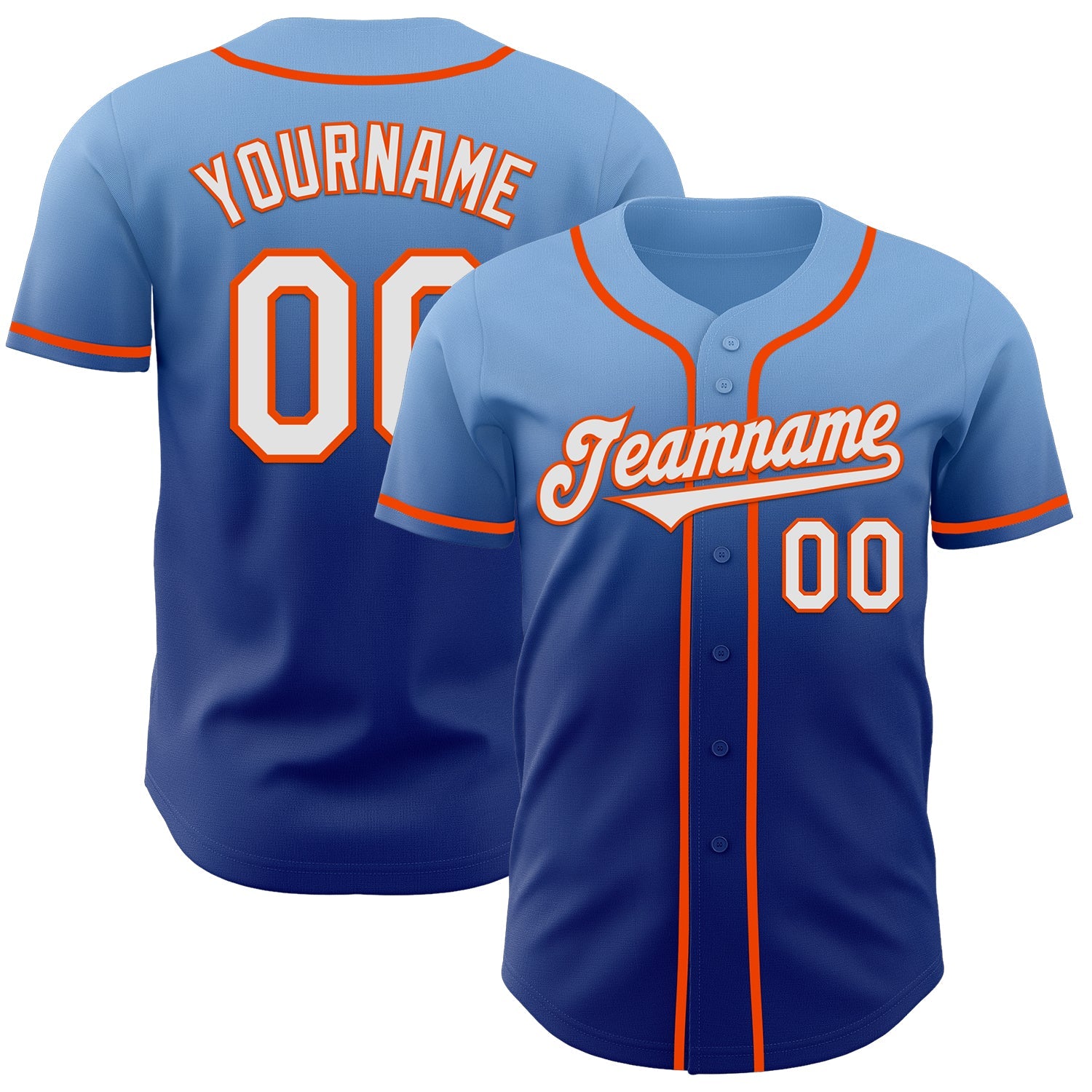 Custom Light Blue White Royal-Orange Authentic Fade Fashion Baseball Jersey - Main View