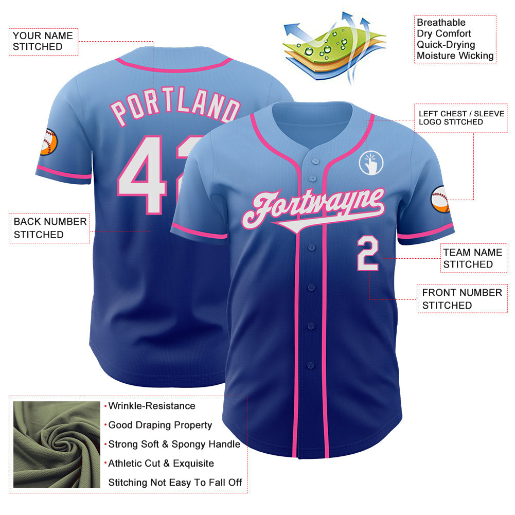 Custom Light Blue White Royal-Pink Authentic Fade Fashion Baseball Jersey view 3