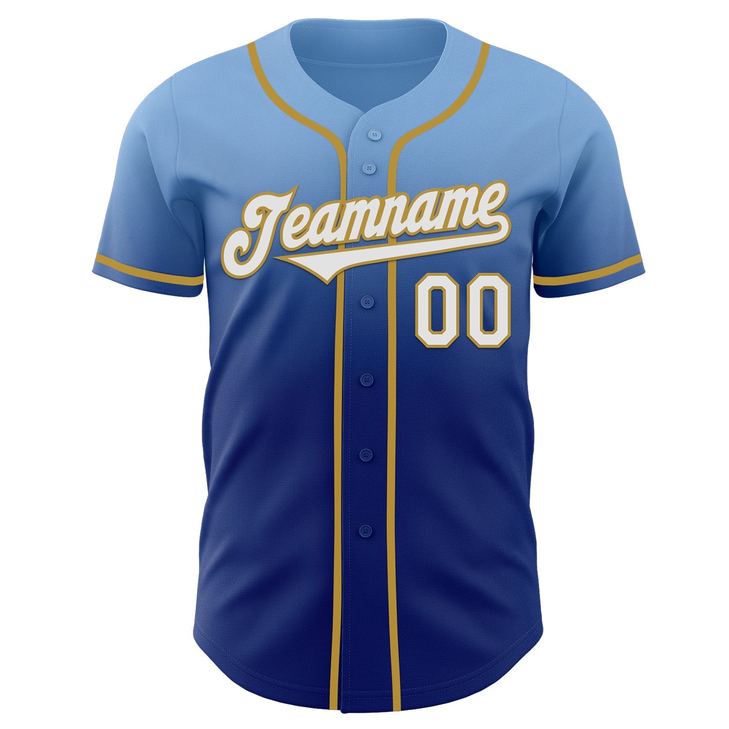 Custom Light Blue White Royal-Old Gold Authentic Fade Fashion Baseball Jersey view 2