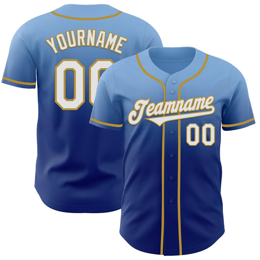 Custom Light Blue White Royal-Old Gold Authentic Fade Fashion Baseball Jersey - Main View