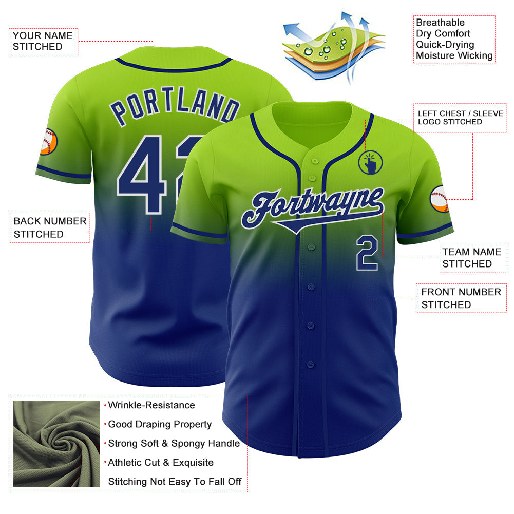 Custom Neon Green Royal-White Authentic Fade Fashion Baseball Jersey view 3